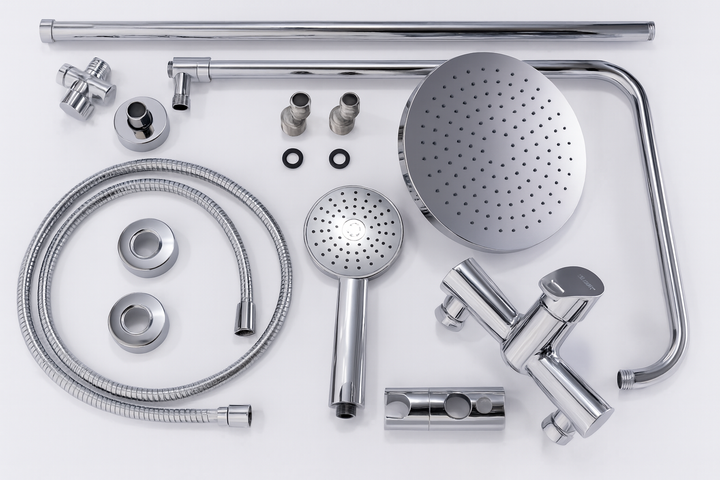 SaunaLife Rain-Series barrel shower chrome showerhead and handheld shower kit components