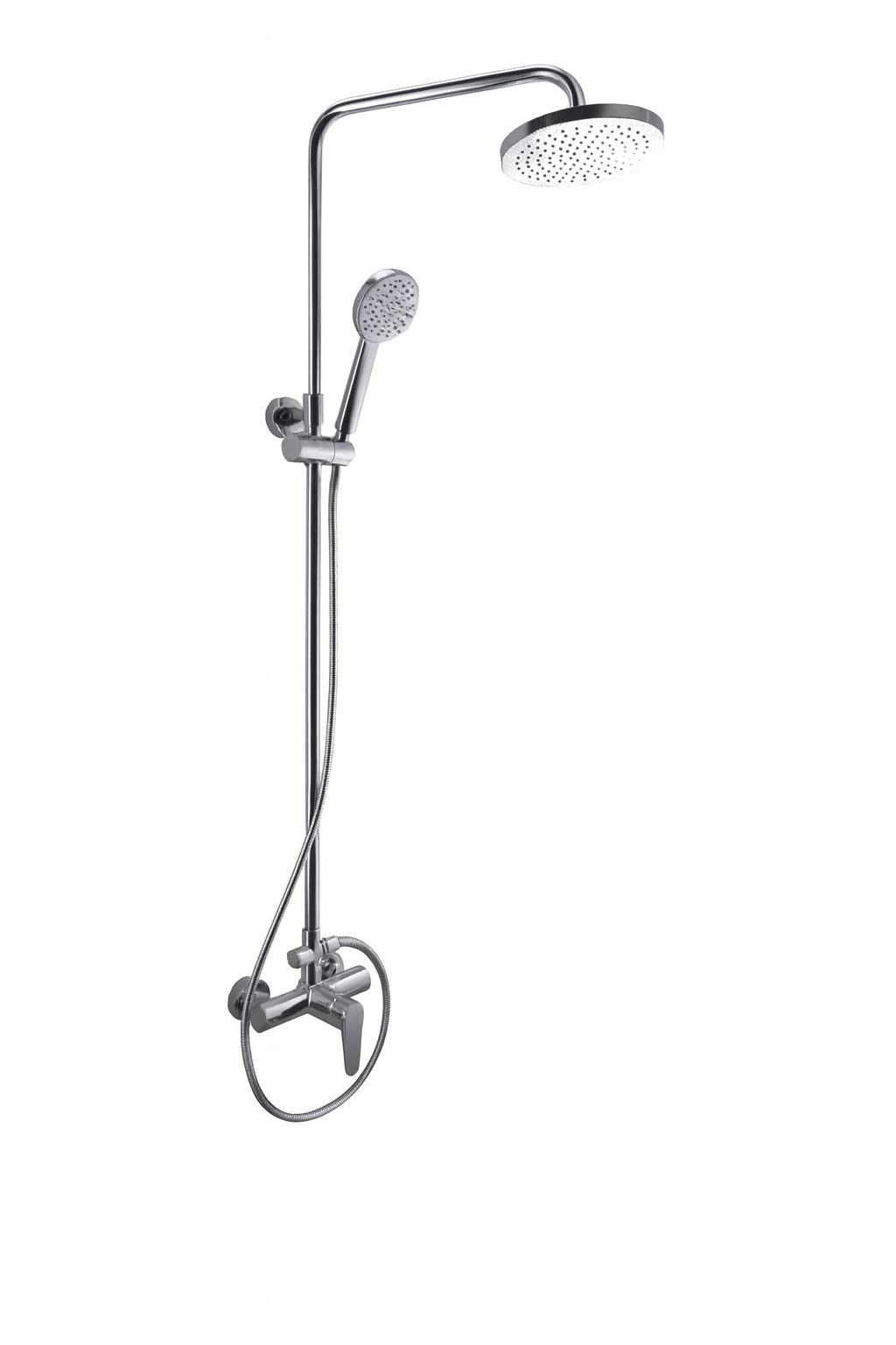 SaunaLife Rain-Series barrel shower with overhead rain showerhead and handheld shower wand in chrome finish