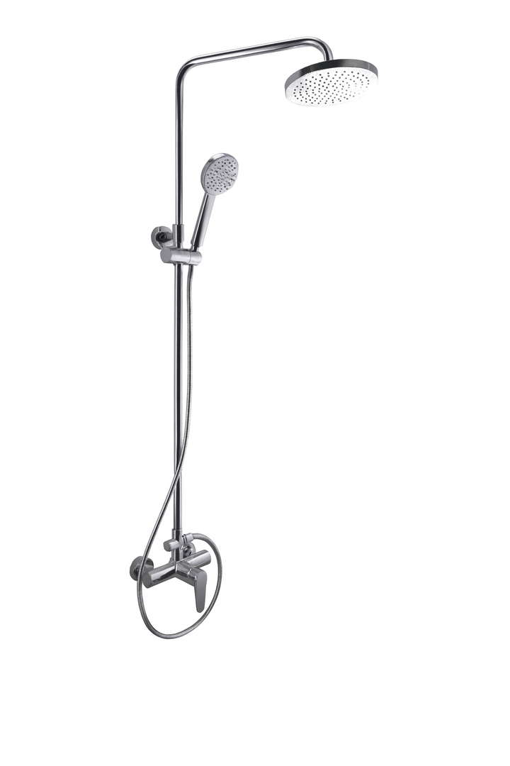 SaunaLife Rain-Series barrel shower with overhead rain showerhead and handheld shower wand in chrome finish