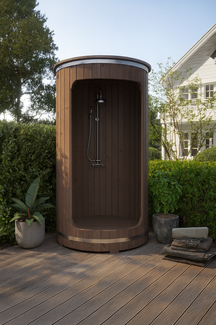 SaunaLife Rain-Series barrel shower outdoor wooden rain shower installation with greenery background