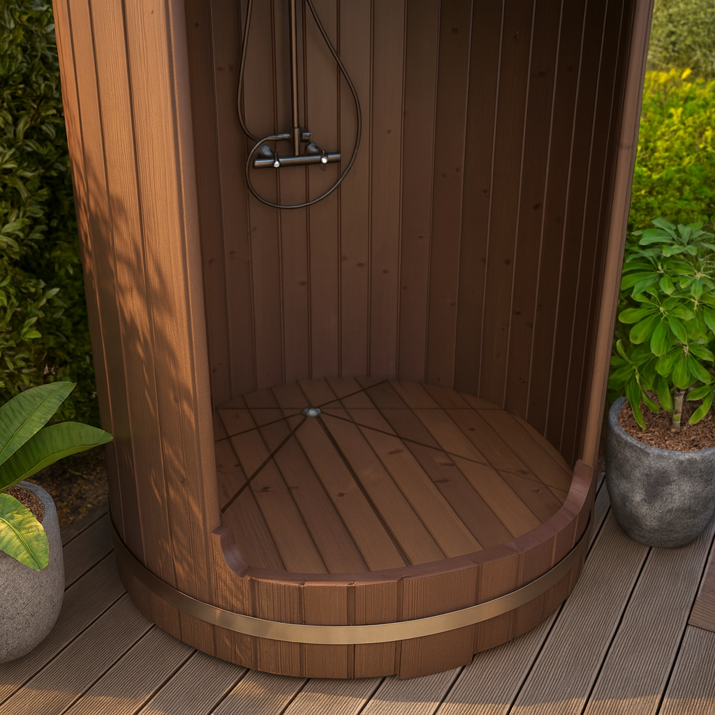 SaunaLife Rain-Series barrel shower with wooden interior and modern shower fixtures outdoors