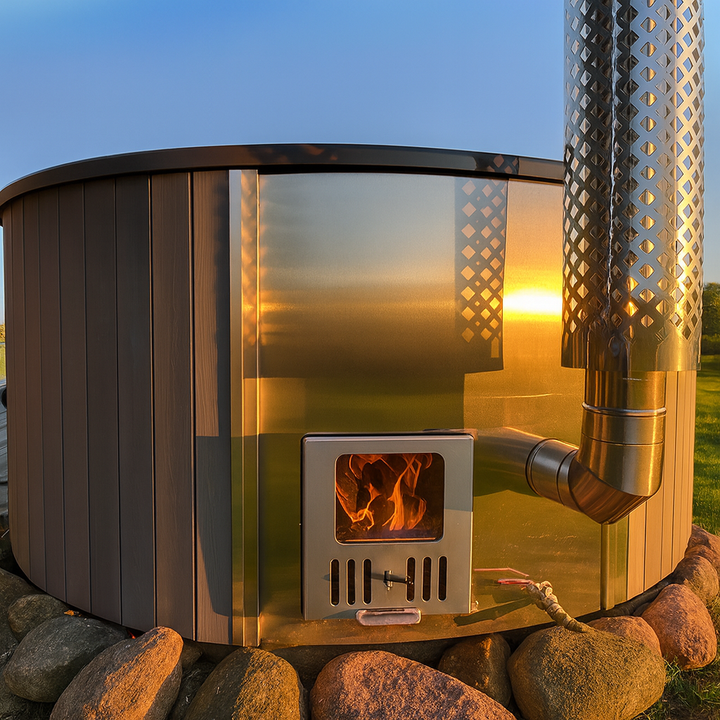 SaunaLife S4N Soak-Series hot tub with stainless steel wood stove heater and natural stone base outdoor