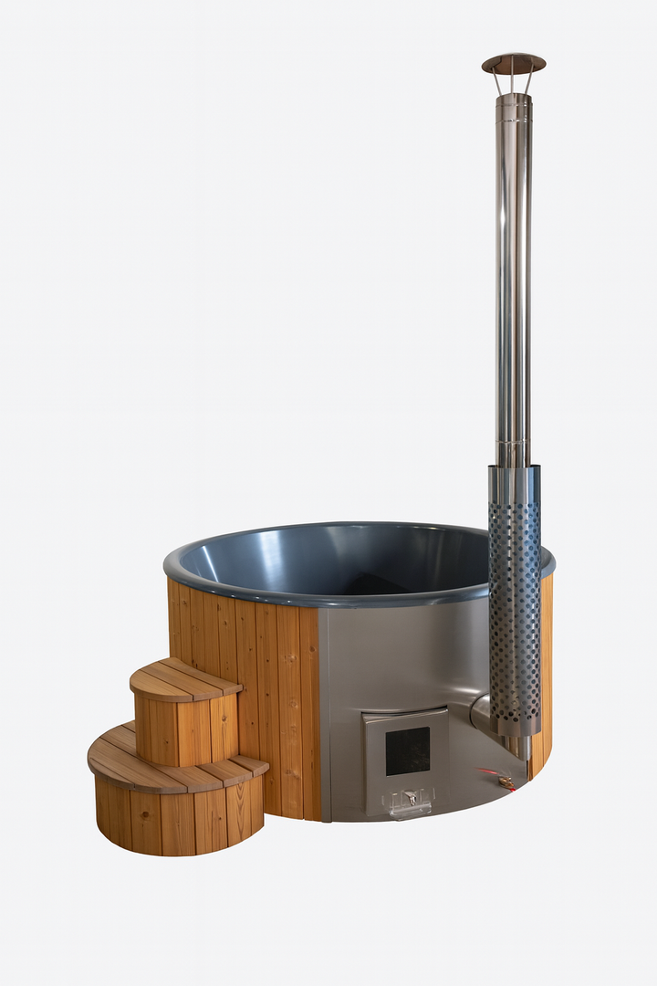 SaunaLife S4N Soak-Series wooden hot tub with metal chimney and wooden steps
