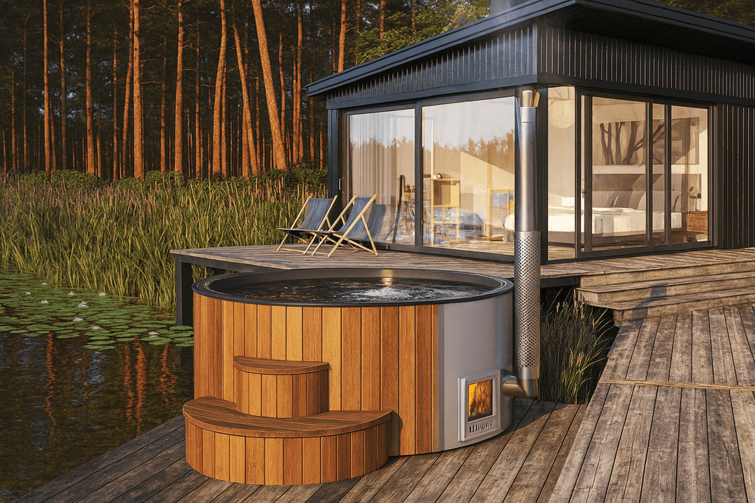 SaunaLife S4N Soak-Series Hot Tub with wooden steps beside a lakeside cabin surrounded by nature.