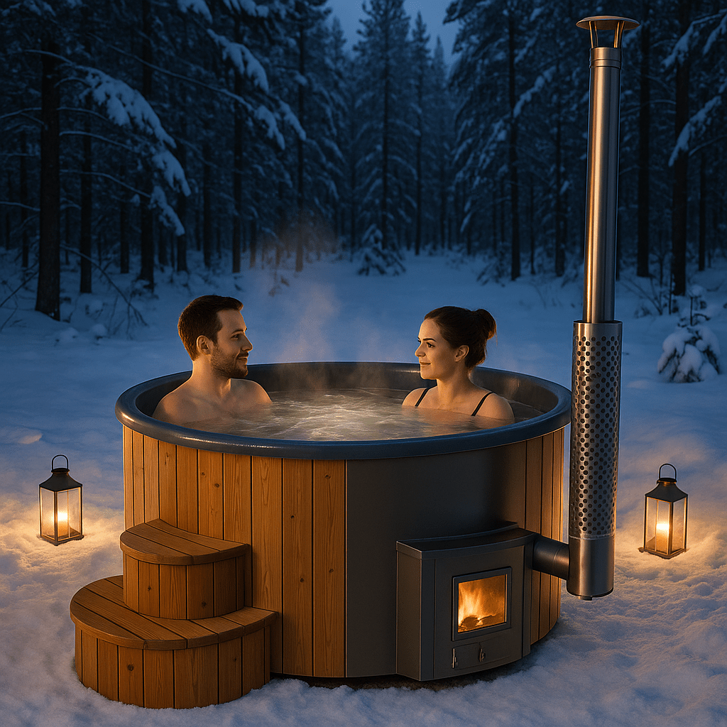 SaunaLife S4N Soak-Series Hot Tub with wooden exterior, cozy atmosphere, and steam rising in a snowy forest