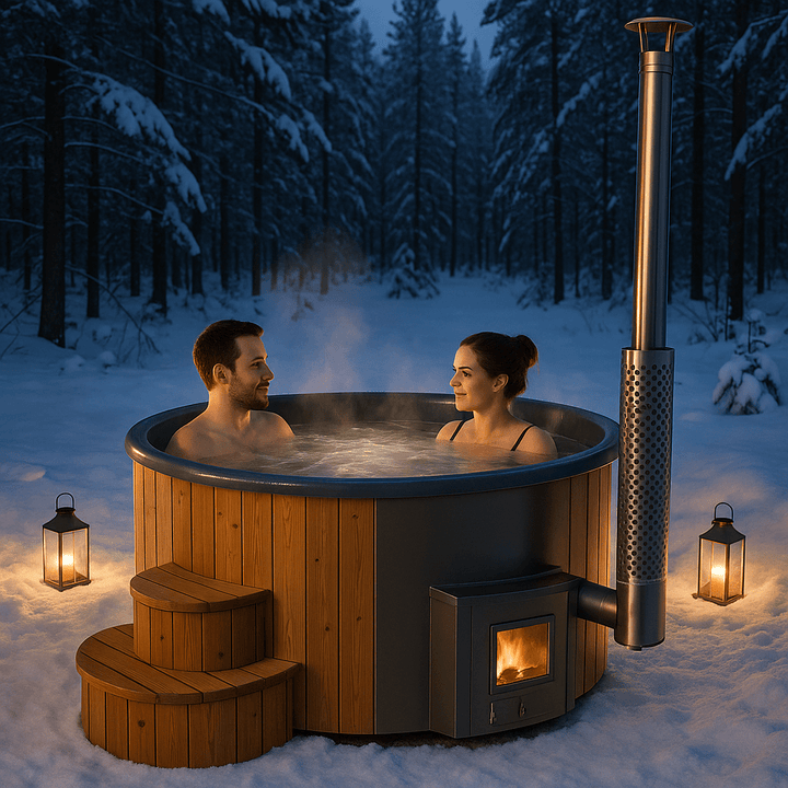 SaunaLife S4N Soak-Series Hot Tub with wooden exterior, cozy atmosphere, and steam rising in a snowy forest