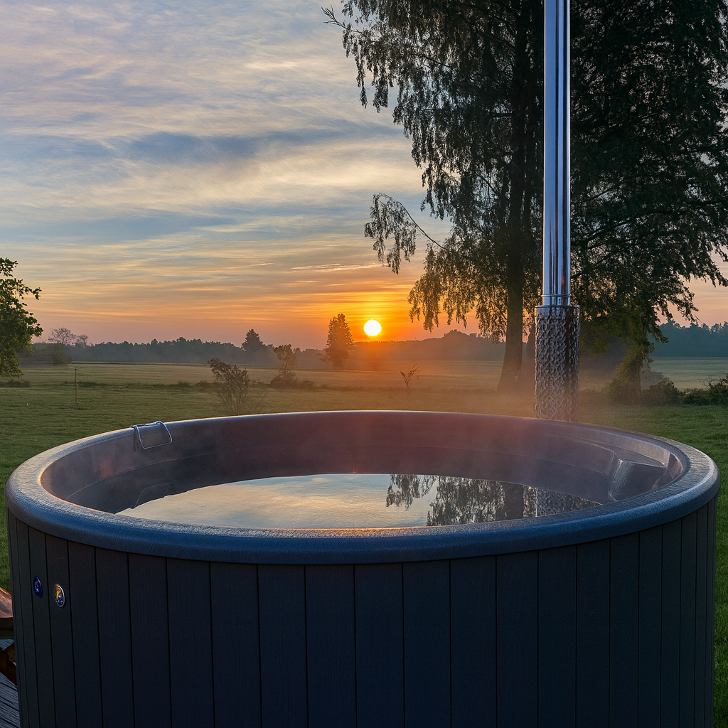 SaunaLife S4N Soak-Series hot tub outdoors with sunset and scenic countryside background
