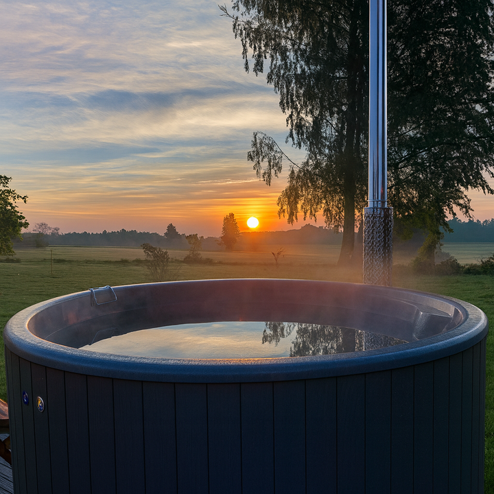 SaunaLife S4N Soak-Series hot tub outdoors with sunset and scenic countryside background