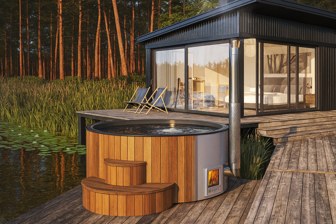 SaunaLife S4N Soak-Series wooden hot tub with steps on lakeside deck near modern cabin