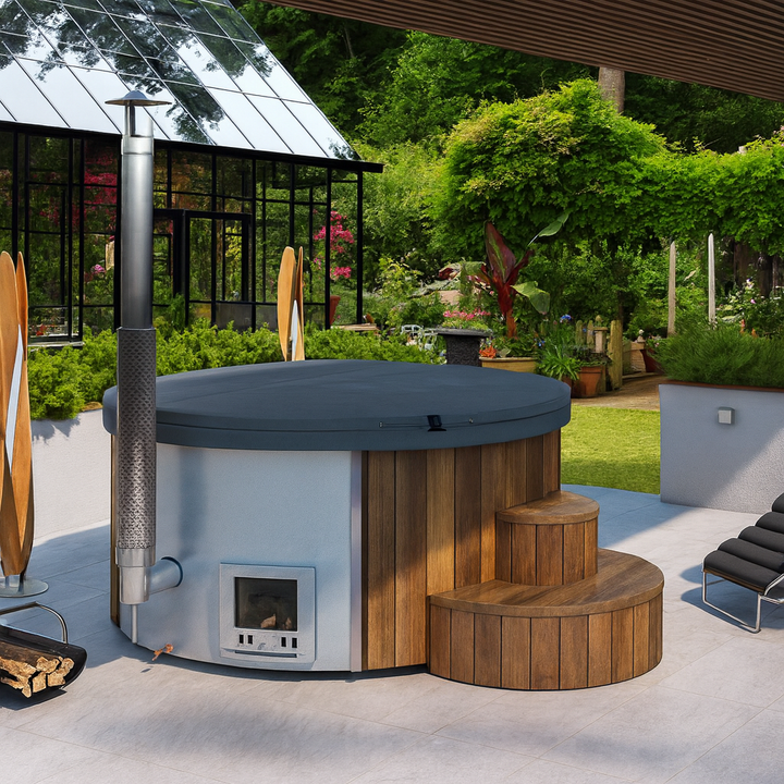 SaunaLife S4N Soak-Series hot tub with wooden steps and cover in a backyard patio setting