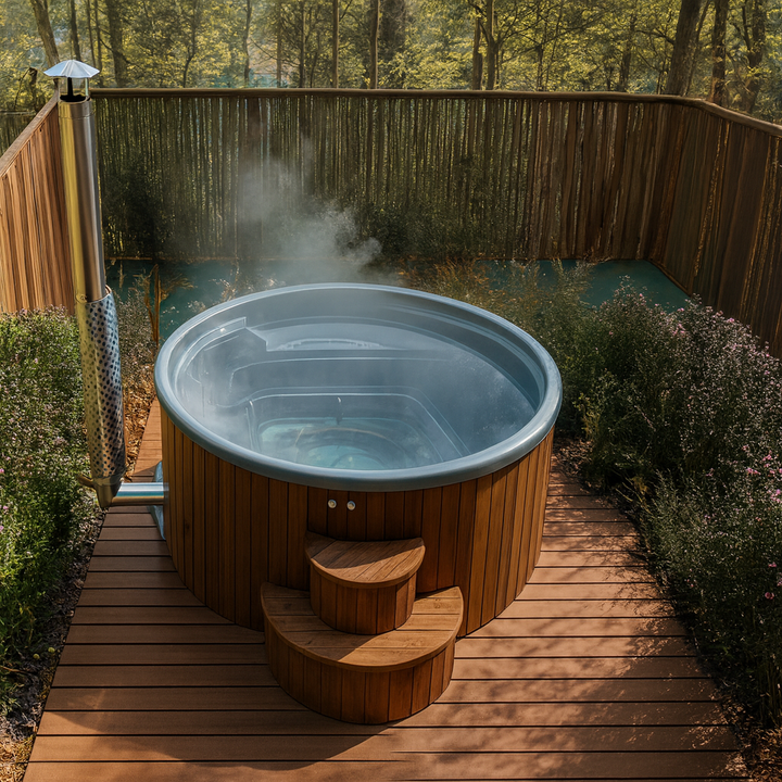SaunaLife S4N Soak-Series wooden hot tub with steps on a deck surrounded by greenery