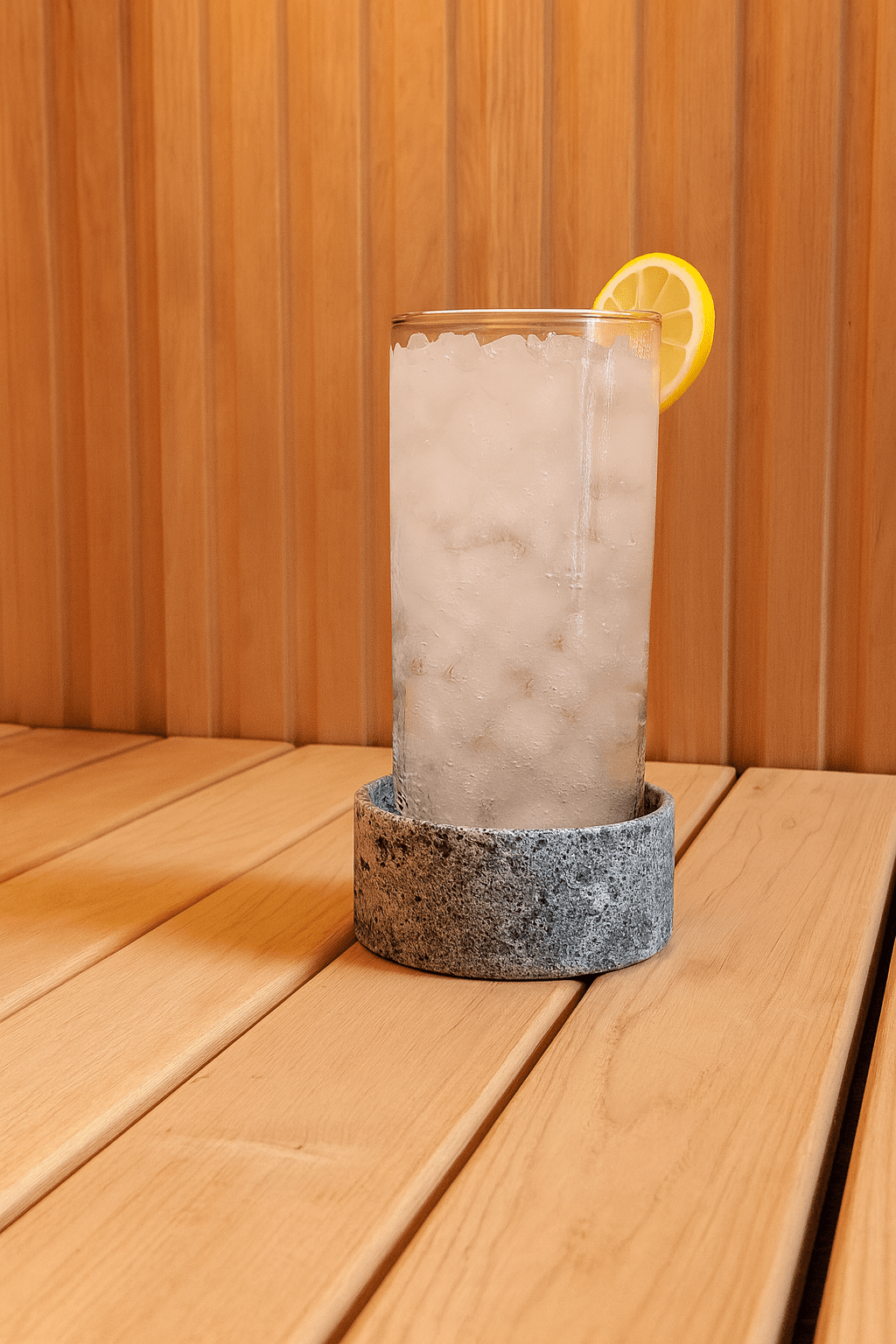SaunaLife sauna aroma cup holding a cold drink with a lemon slice in a wooden sauna setting