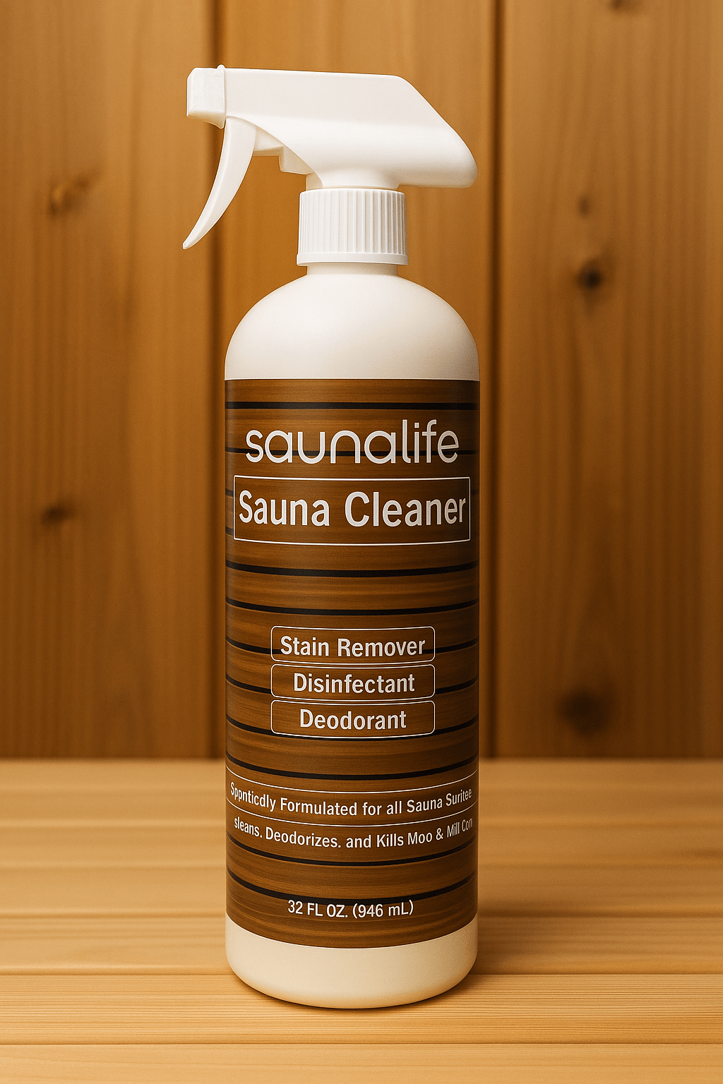 SaunaLife Sauna Cleaner Spray in a 32 oz bottle for disinfecting and deodorizing saunas