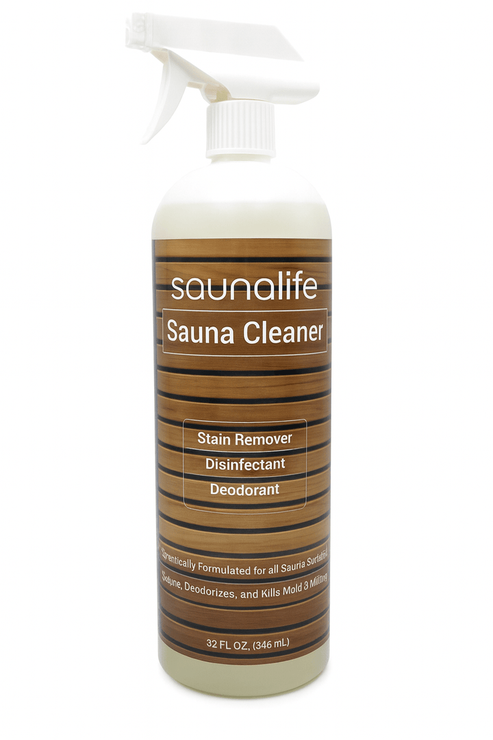 SaunaLife Sauna Cleaner Spray in a 32 fl oz bottle for effective sauna cleaning and deodorizing