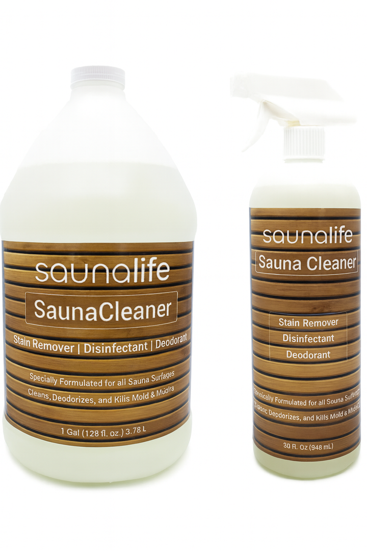 SaunaLife sauna cleaner spray in large gallon and smaller spray bottle for stain removal and disinfecting