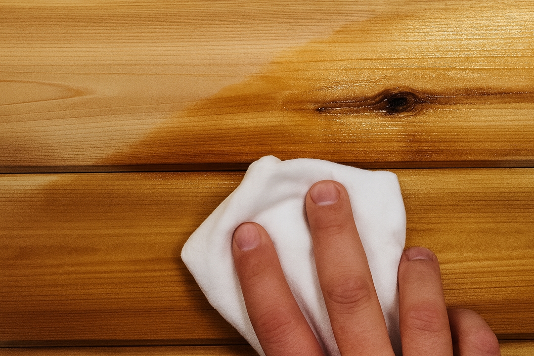 Hand applying saunalife sauna paraffin oil on wooden sauna surface with a white cloth
