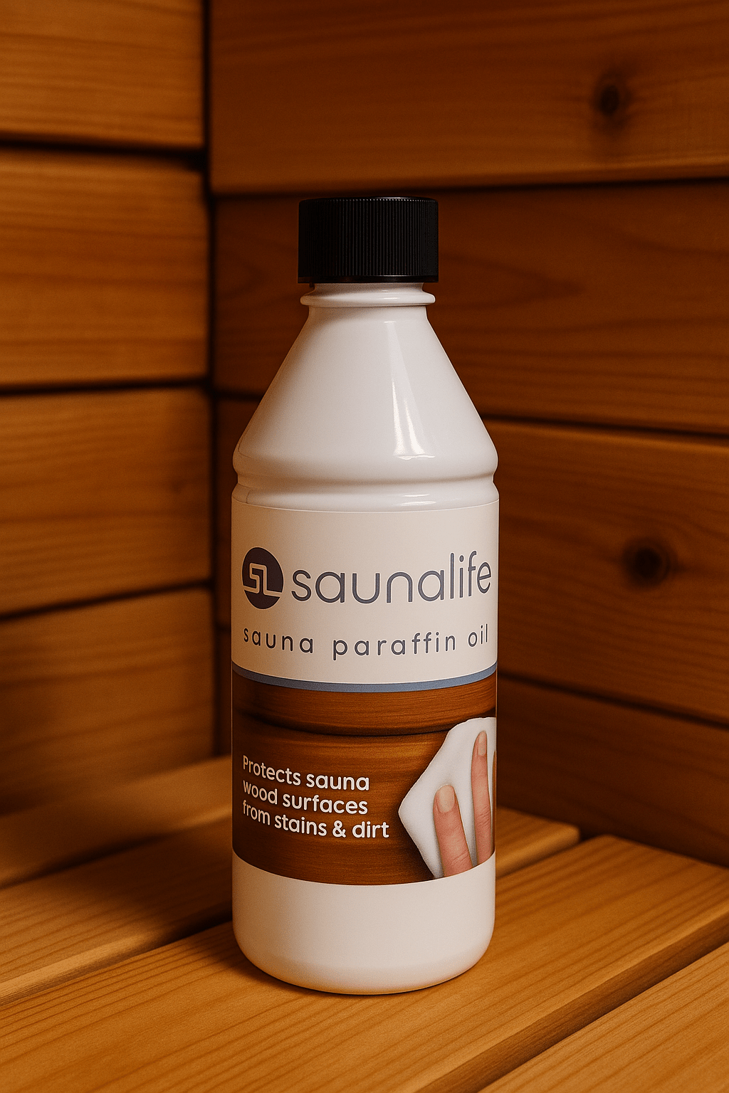SaunaLife sauna paraffin oil in a bottle, designed to protect sauna wood surfaces from stains and dirt