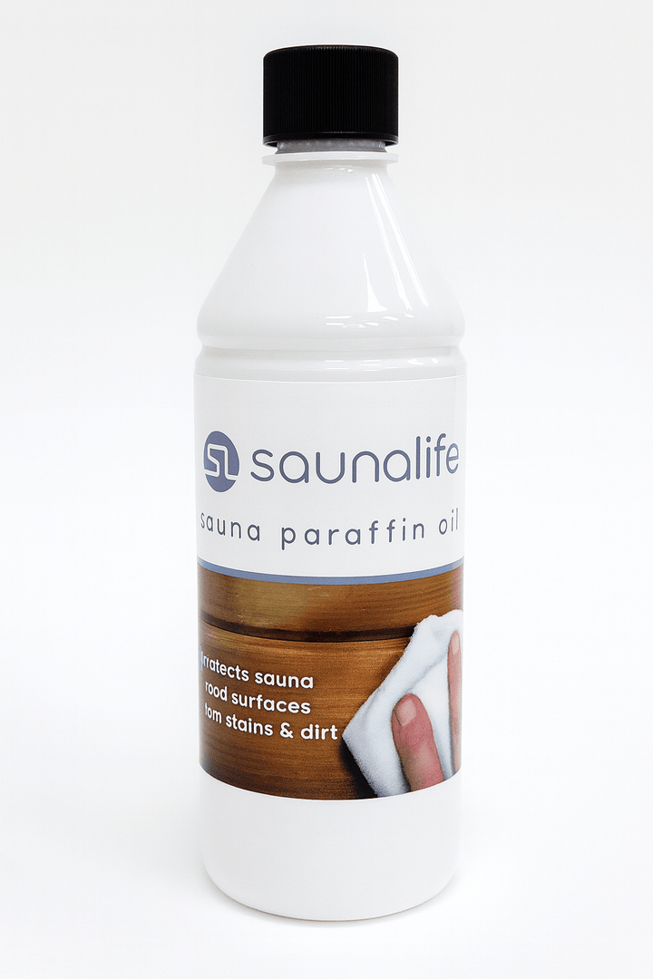 SaunaLife sauna paraffin oil in a white bottle protects sauna wood surfaces from stains and dirt