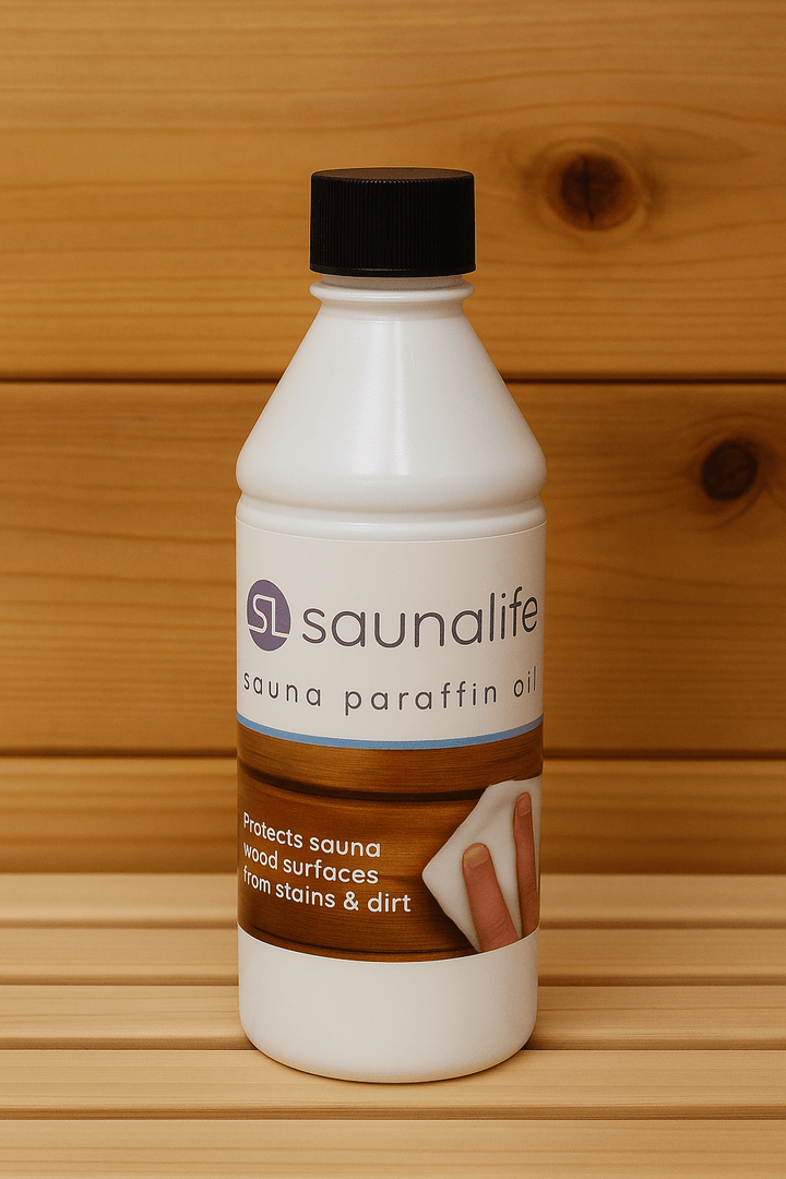 SaunaLife sauna paraffin oil bottle designed to protect sauna wood surfaces from stains and dirt