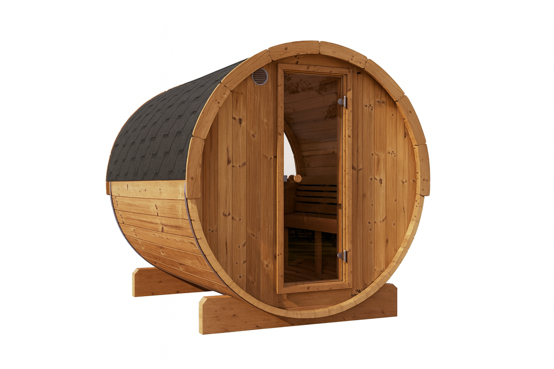 SaunaLife E8W sauna barrel review showing cedar barrel sauna with open door bench and shingled roof