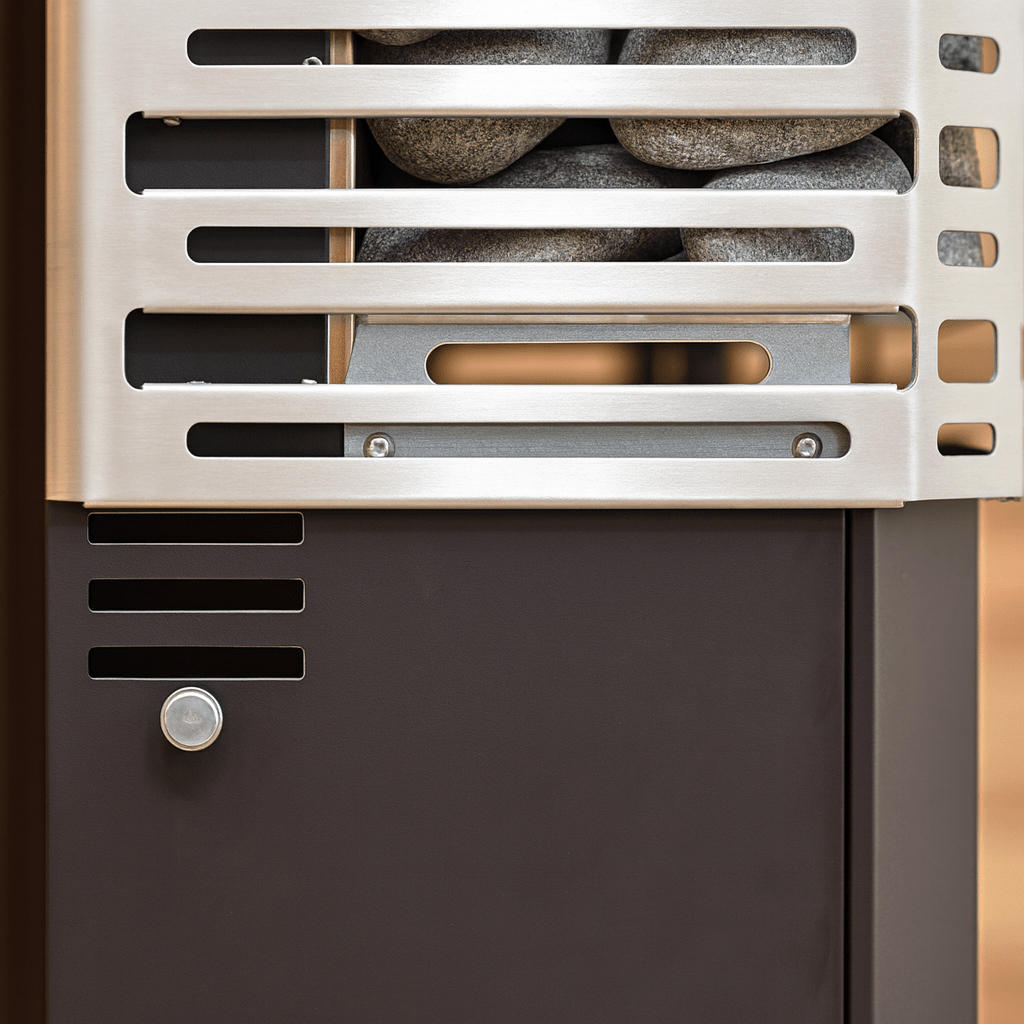 Saunum electric sauna heater with climate equalizer featuring a sleek design and built-in stone compartment