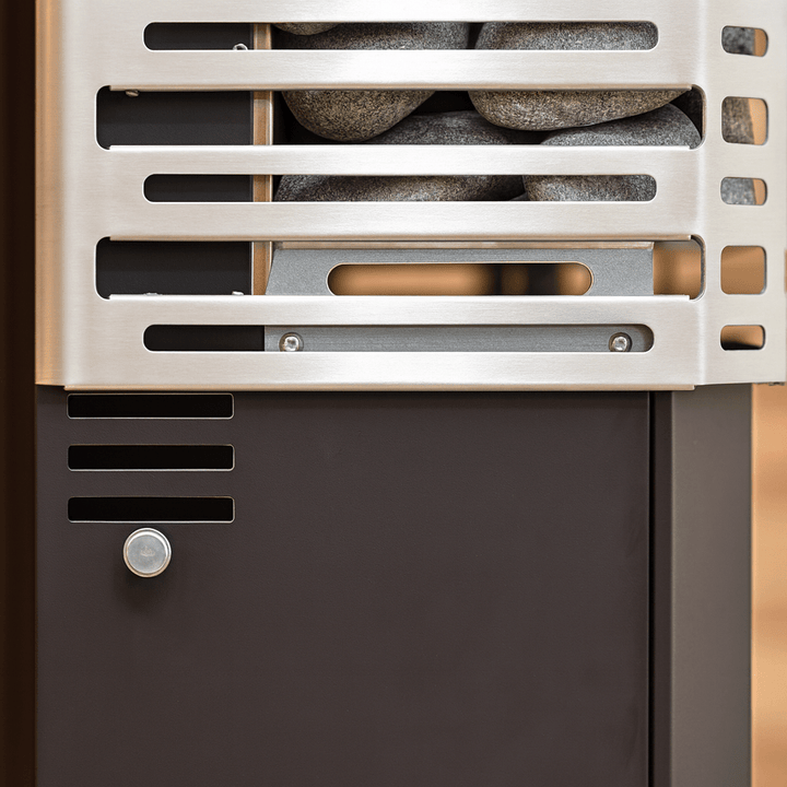 Saunum electric sauna heater with climate equalizer featuring a sleek design and built-in stone compartment