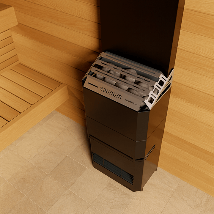 Saunum electric sauna heater with climate equalizer positioned in a wooden sauna interior