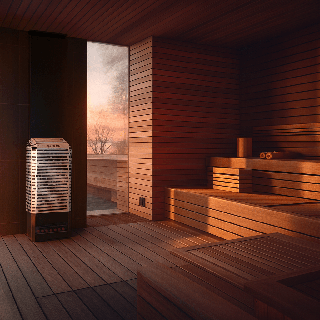 Saunum electric sauna heater with climate equalizer in a modern wooden sauna interior