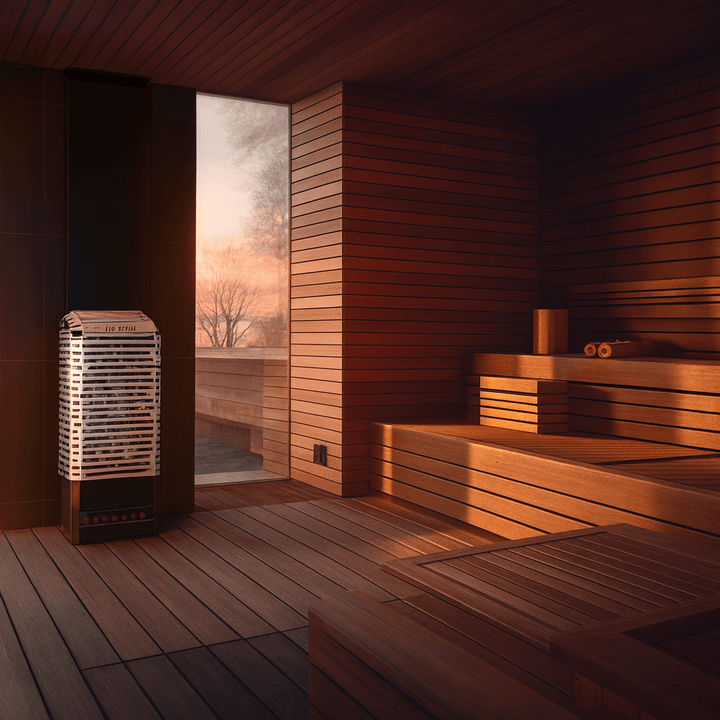 Saunum electric sauna heater with climate equalizer in a modern wooden sauna interior