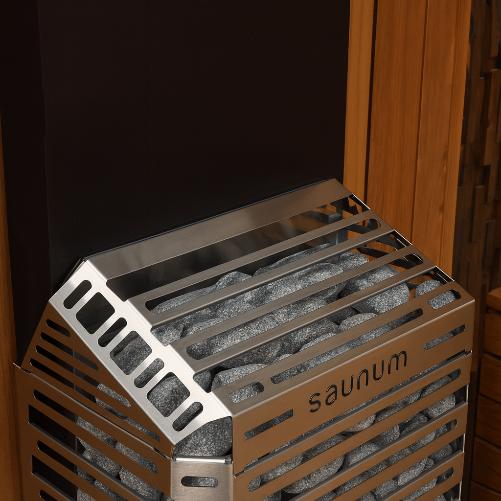 Saunum electric sauna heater with climate equalizer featuring a sleek stainless steel design and stone top