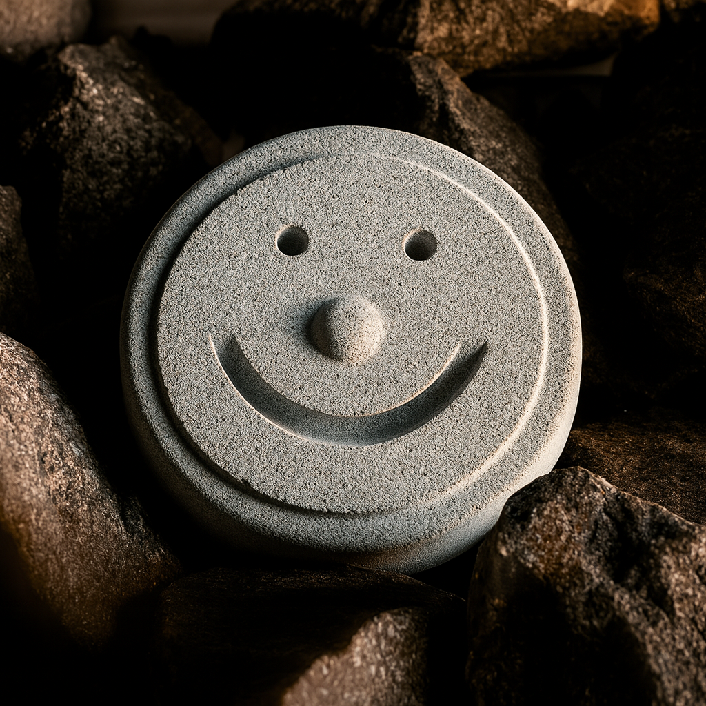 Hukka sauna smiley stone round facial carved sauna accessory resting on heated sauna rocks