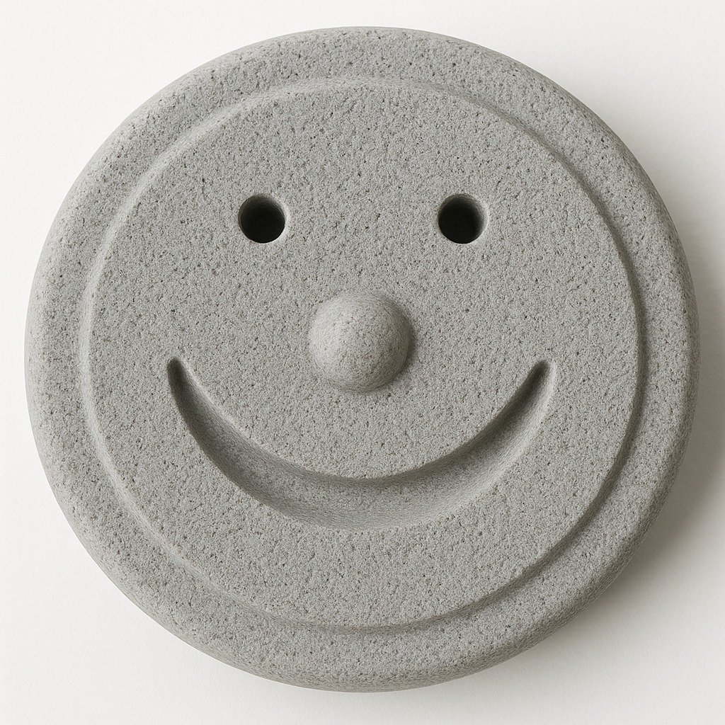 Hukka sauna smiley stone round gray textured sauna accessory with carved eyes nose and smiling mouth
