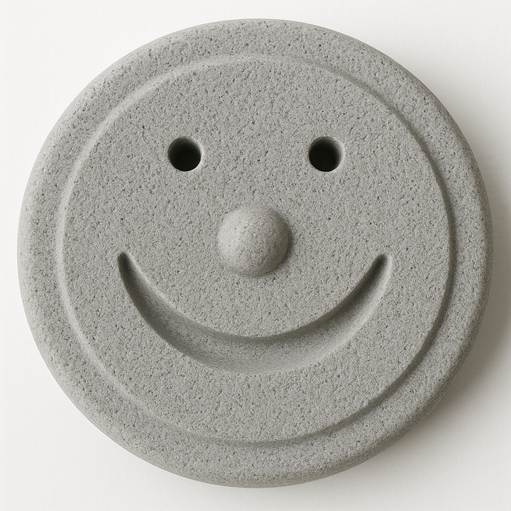 Hukka sauna smiley stone round gray textured sauna accessory with carved eyes nose and smiling mouth