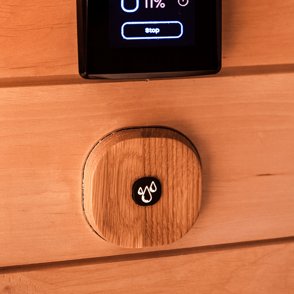 Saunum automatic sauna water dosing system control panel and button for easy water management