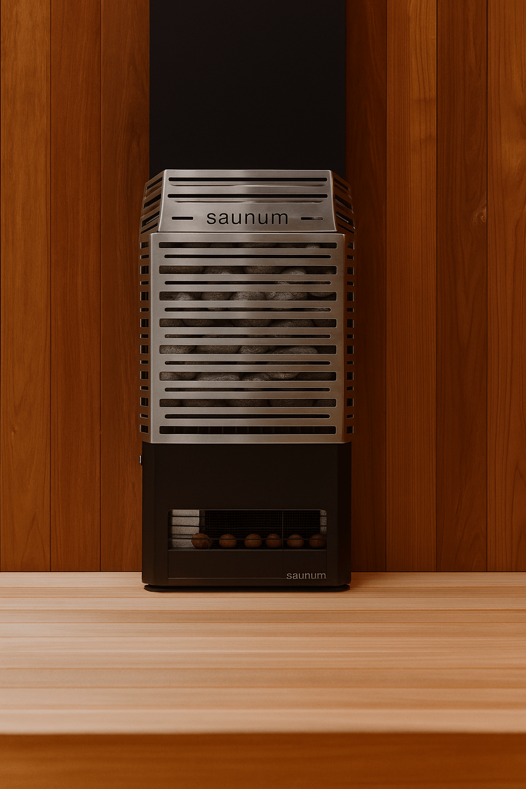 Saunum AIR 10 sauna heater kit mounted on a wooden wall in a sauna setting