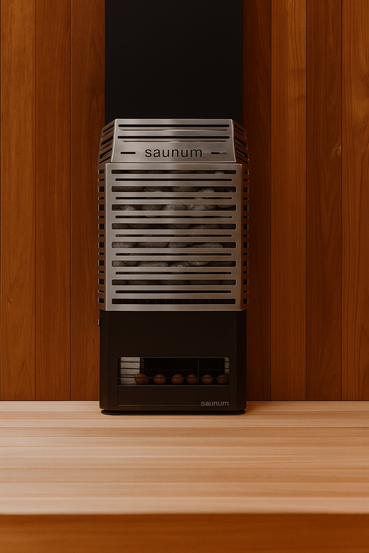 Saunum AIR 10 sauna heater kit mounted on a wooden wall in a sauna setting