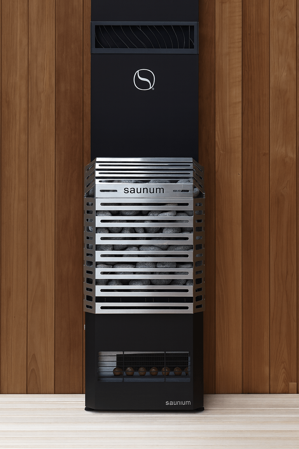 Saunum AIR 10 sauna heater kit with sleek metal design for efficient heat and modern aesthetics