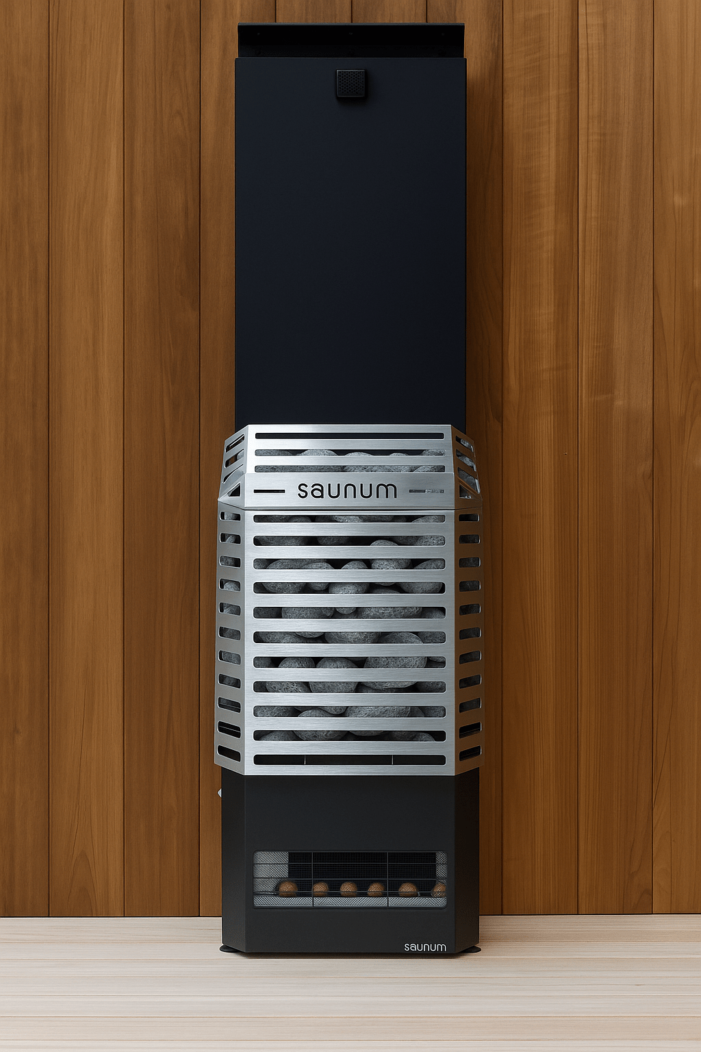 Saunum AIR 10 sauna heater kit with sleek metal design and stone base for optimal heat distribution