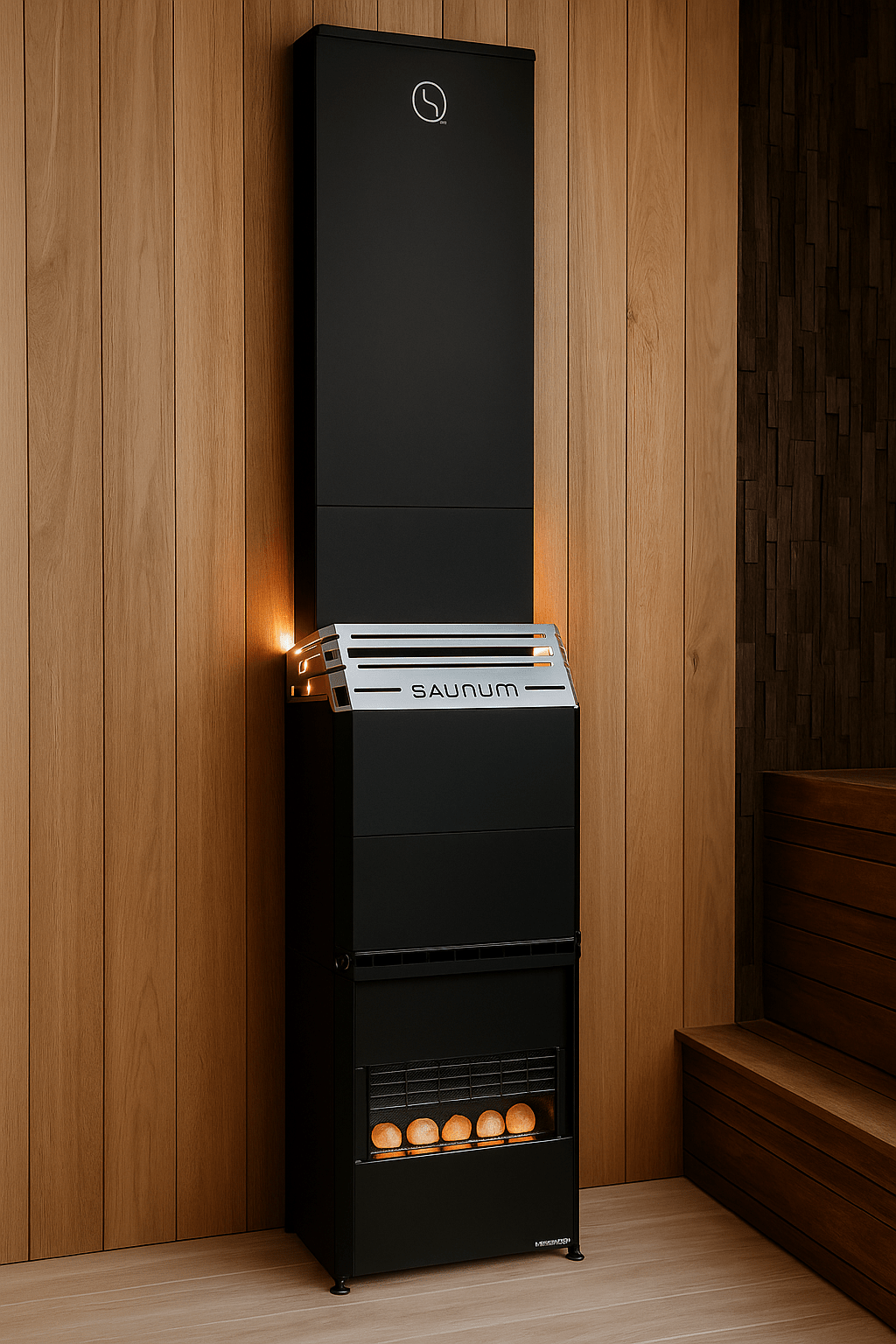 Saunum AIR 5 sauna heater with sleek black design and glass front for modern sauna experiences