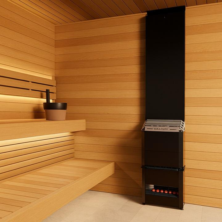 Saunum Air 7 sauna heater displayed inside a wooden sauna with a minimalist design