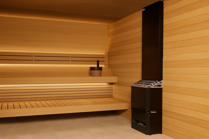 Saunum Air 7 sauna heater installed in a wooden sauna with benches and accessories