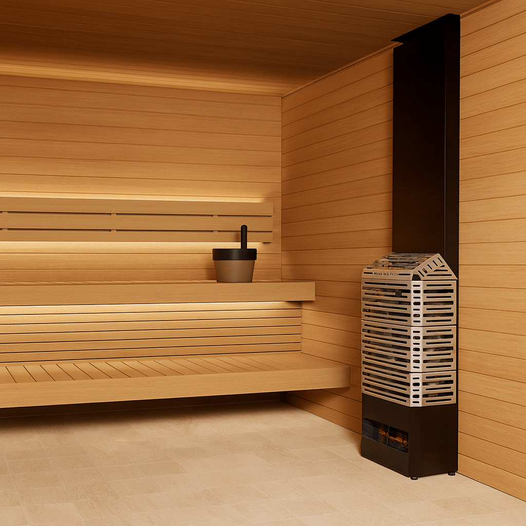 Saunum Air 7 sauna heater installed in a cozy wooden sauna with benches and a bucket