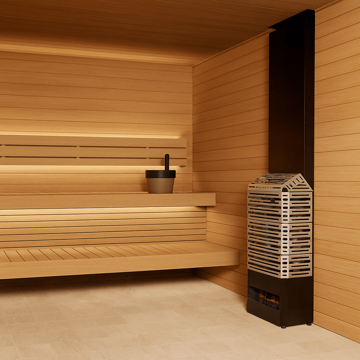 Saunum Air 7 sauna heater installed in a cozy wooden sauna with benches and a bucket