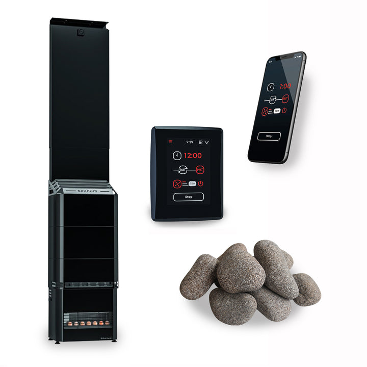 Saunum AIR 7 sauna heater kit with control panel, mobile app, and sauna stones for optimal heating
