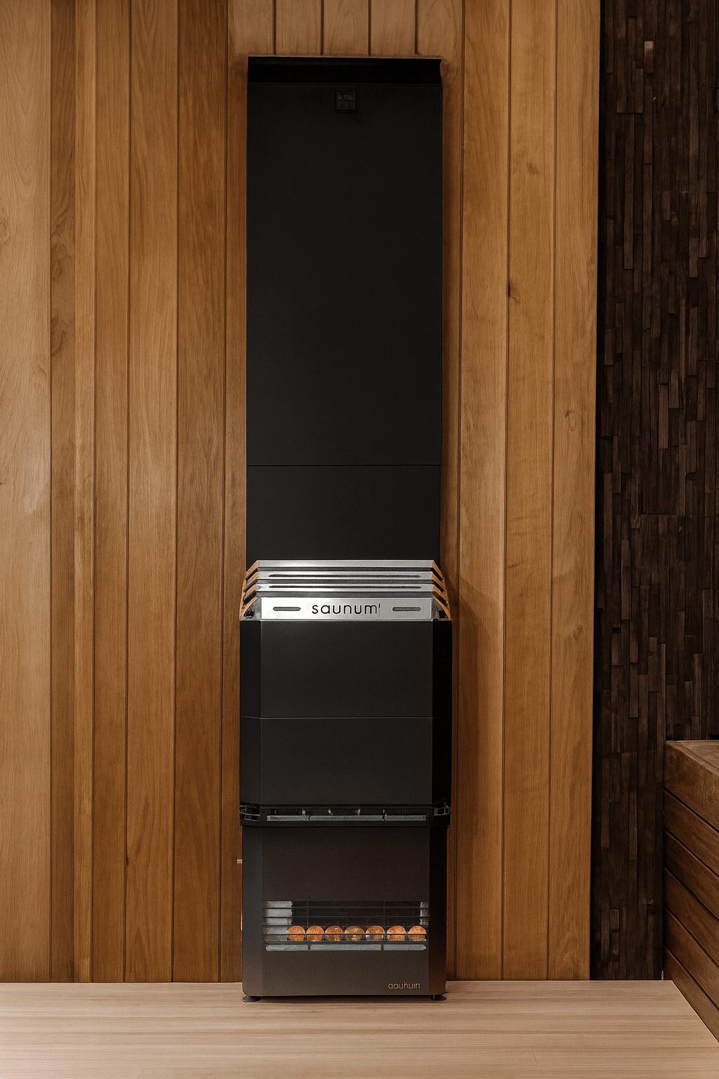 Saunum AIR 7 sauna heater kit mounted on wooden wall for modern saunas