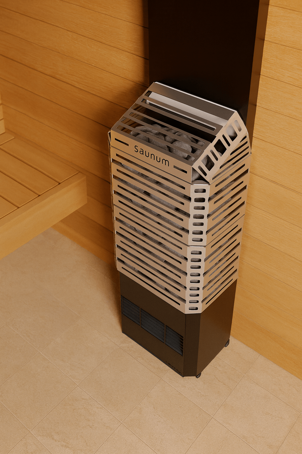 Saunum Air 7 sauna heater featuring a modern design and stone compartment for optimal heat distribution