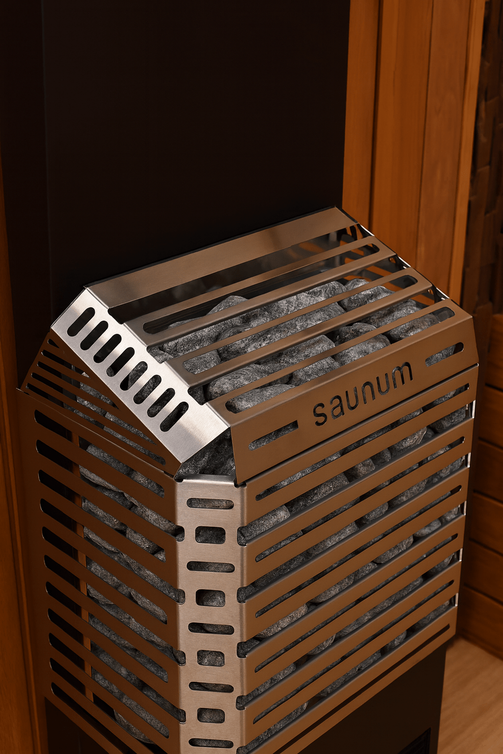 Saunum Air 7 sauna heater with sleek design and stone compartment for optimal heat distribution