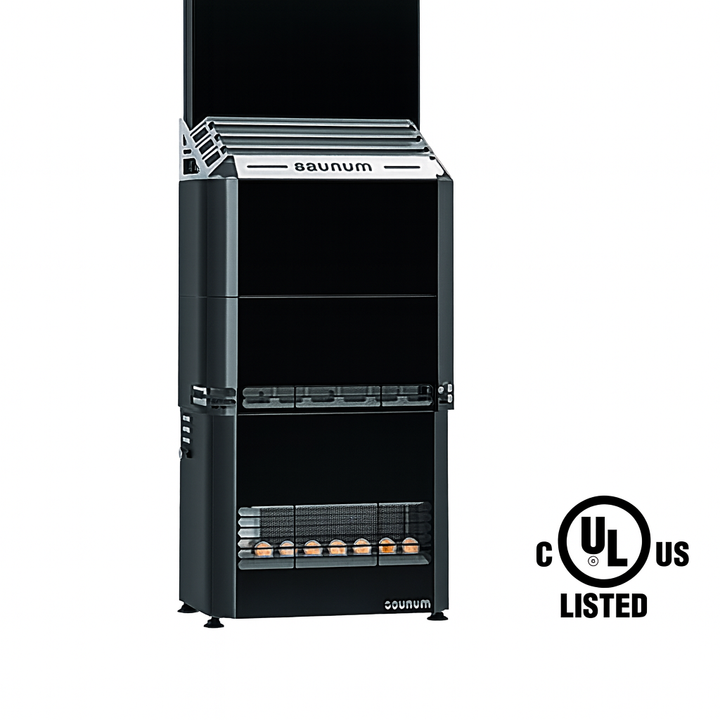 Saunum Air 7 sauna heater in sleek black design for efficient and comfortable sauna experience