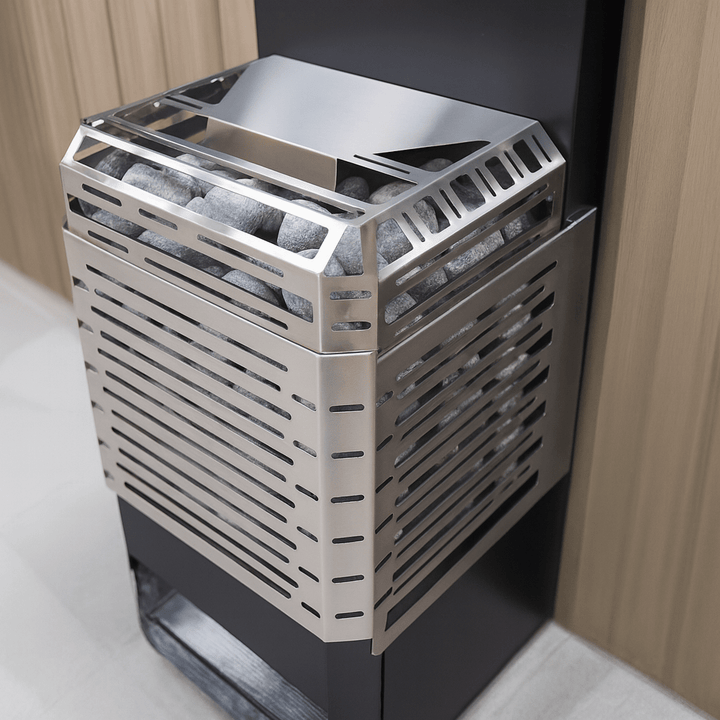 Saunum AIR L-13 electric sauna heater featuring a sleek stainless steel design with mineral stones