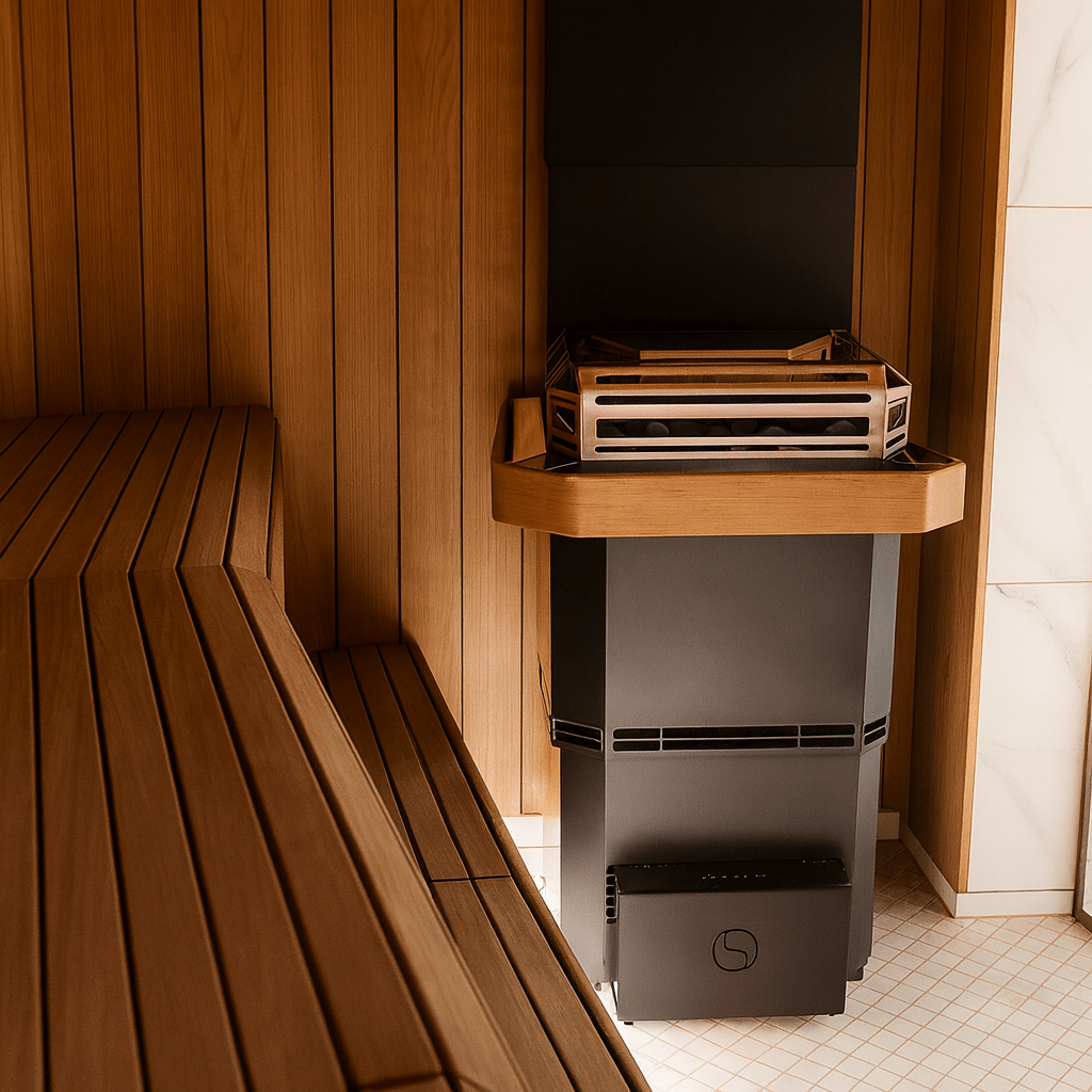Saunum AIR L-13 sauna heater kit installed in a wooden sauna with benches